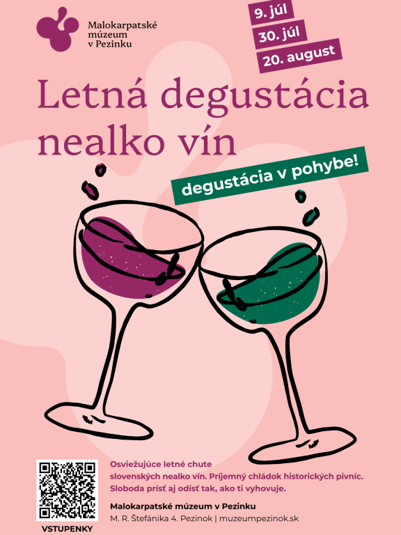 Plagát letnej degustácie nealko vín v Malokarpatskom múzeu v Pezinku